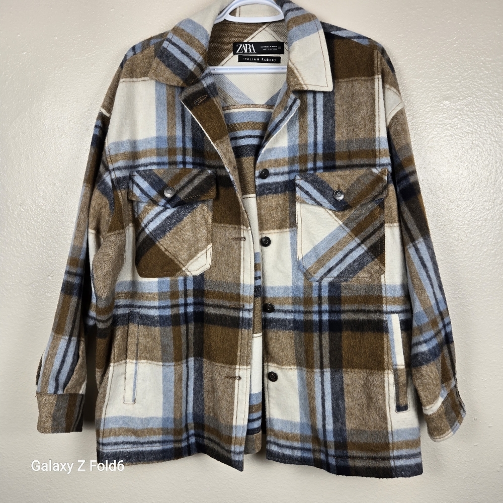 Zara Italian‎ Fabric Wool Blend Plaid Shacket Brown Blue — Men’s Medium Layering